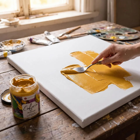 Nanášení akrylu ARTMIE Euforia špachtlí na plátno — technika impasto