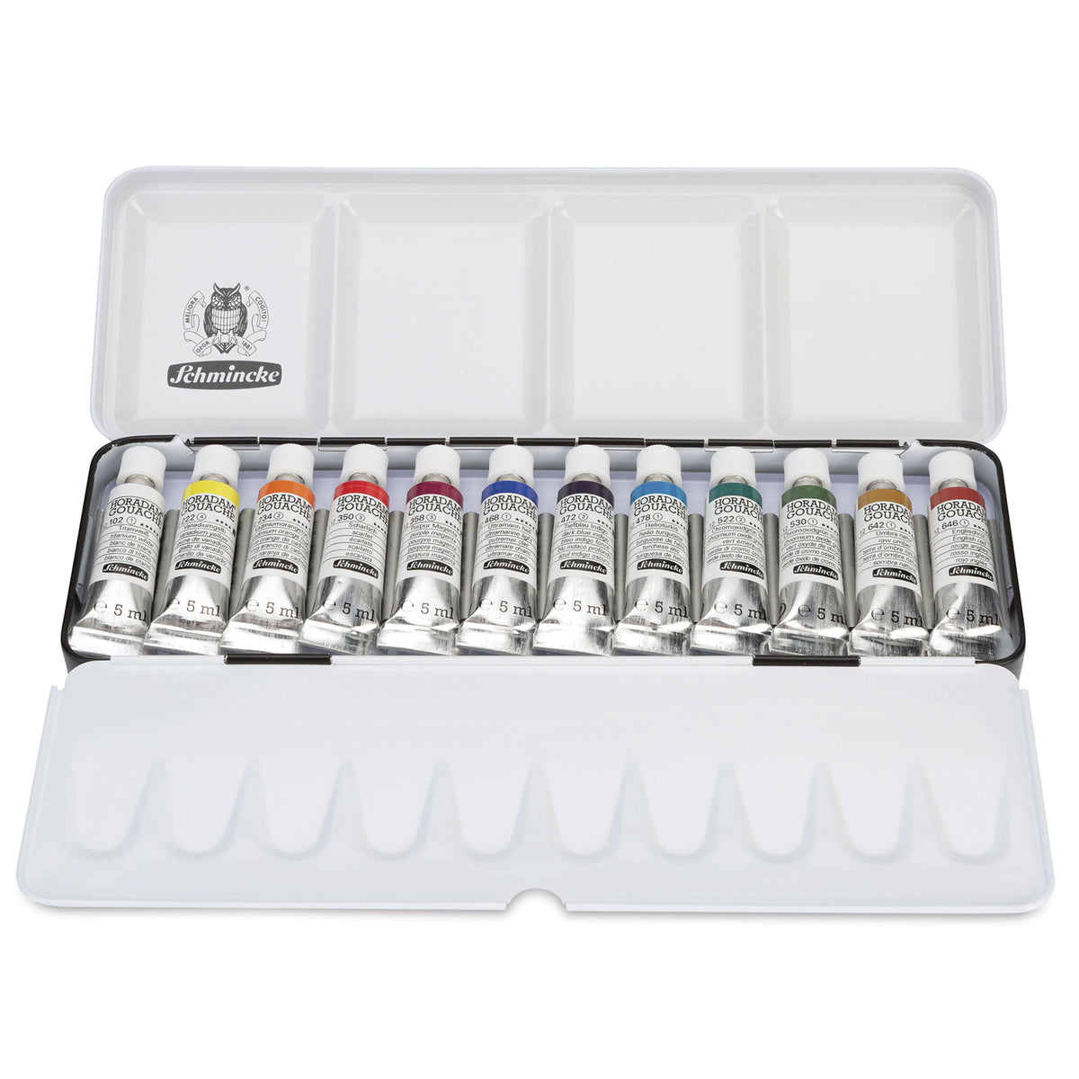 Kvašové barvy Schmincke HORADAM v kovovém setu, 12 x 5 ml