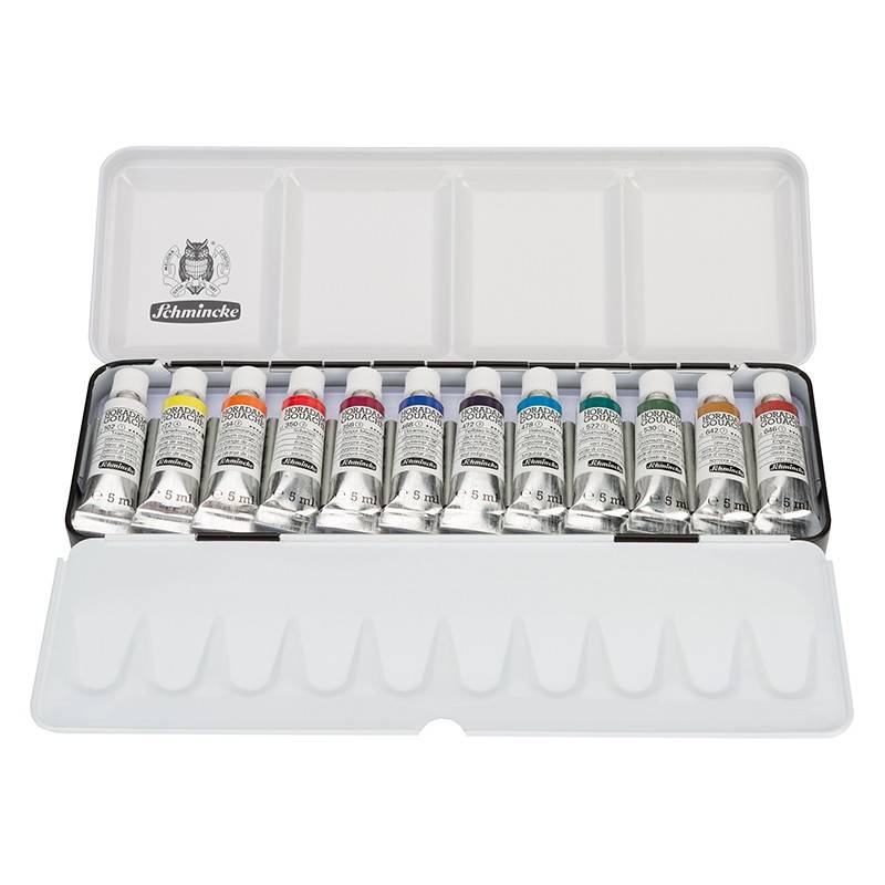Kvašové barvy Schmincke HORADAM v kovovém setu, 12 x 5 ml
