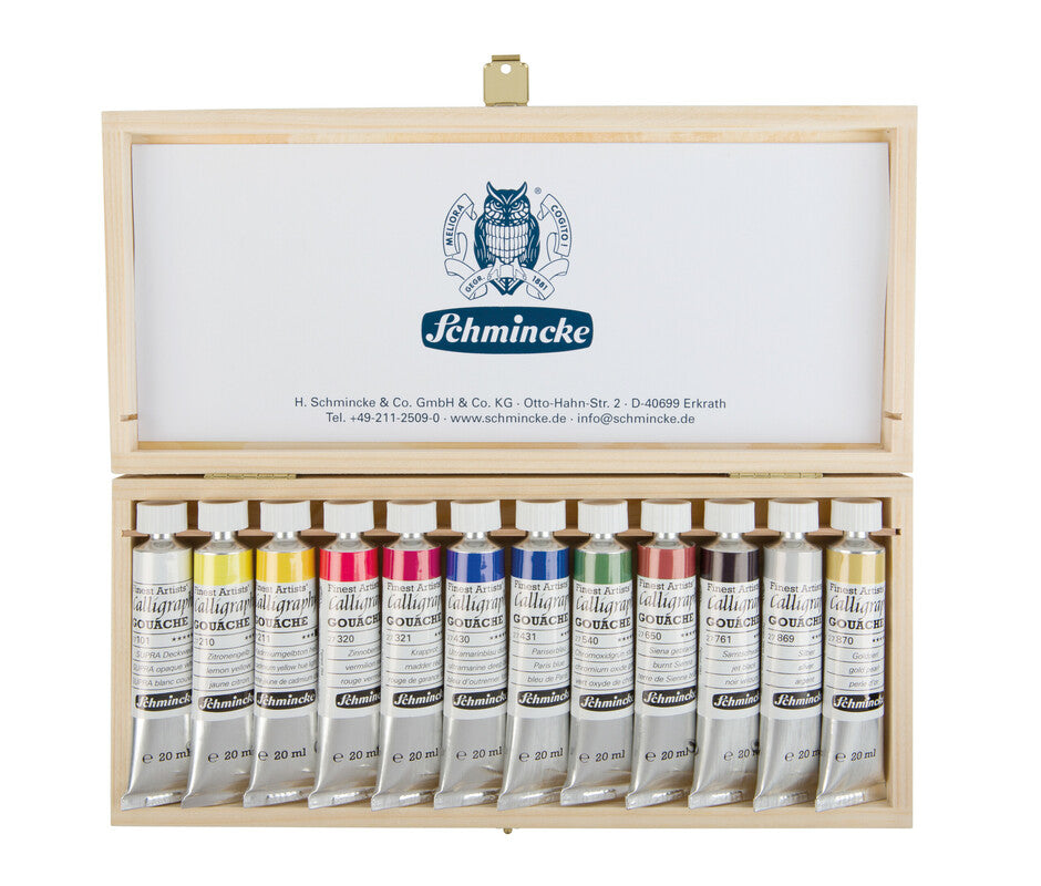Dřevěný set kvašových barev Schmincke Calligraphy Gouache, 12 x 20 ml