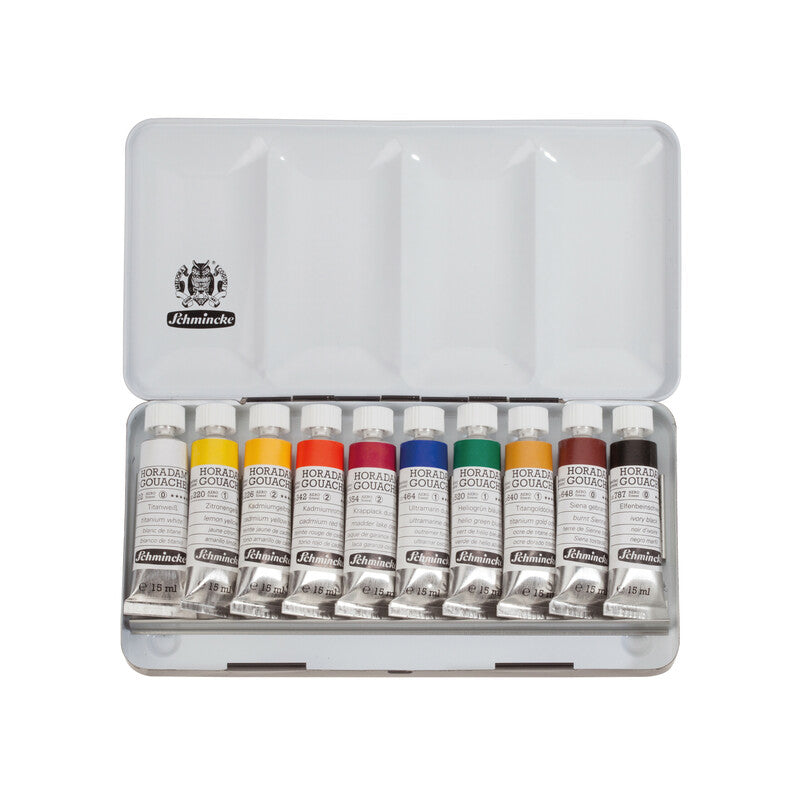 Kvašové barvy Schmincke HORADAM v kovové sadě, 10 x 15 ml