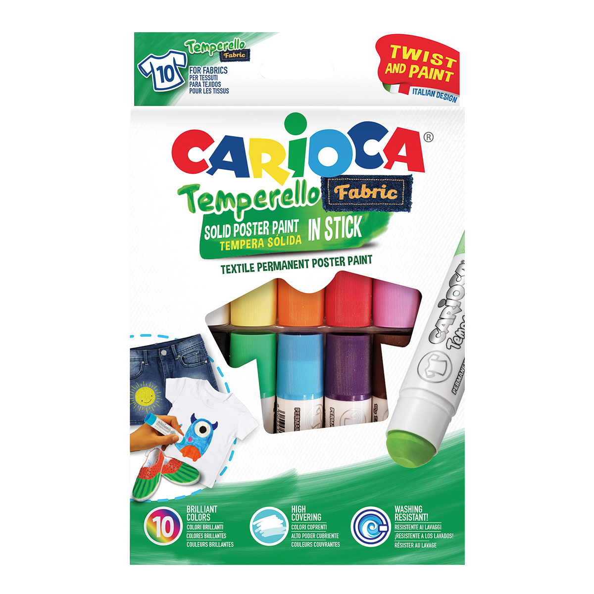 Carioca temperové barvy na textil v tyčince – sada 10 ks