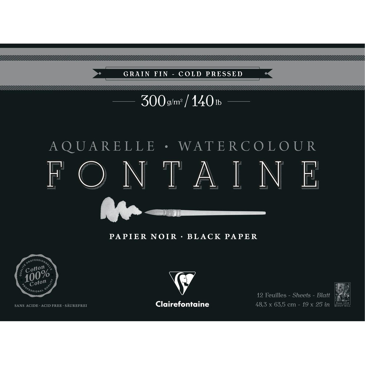 Akvarelový blok Clairefontaine Fontaine CP černý 300 g/m2 48,3 x 63,5 cm - 12 listů