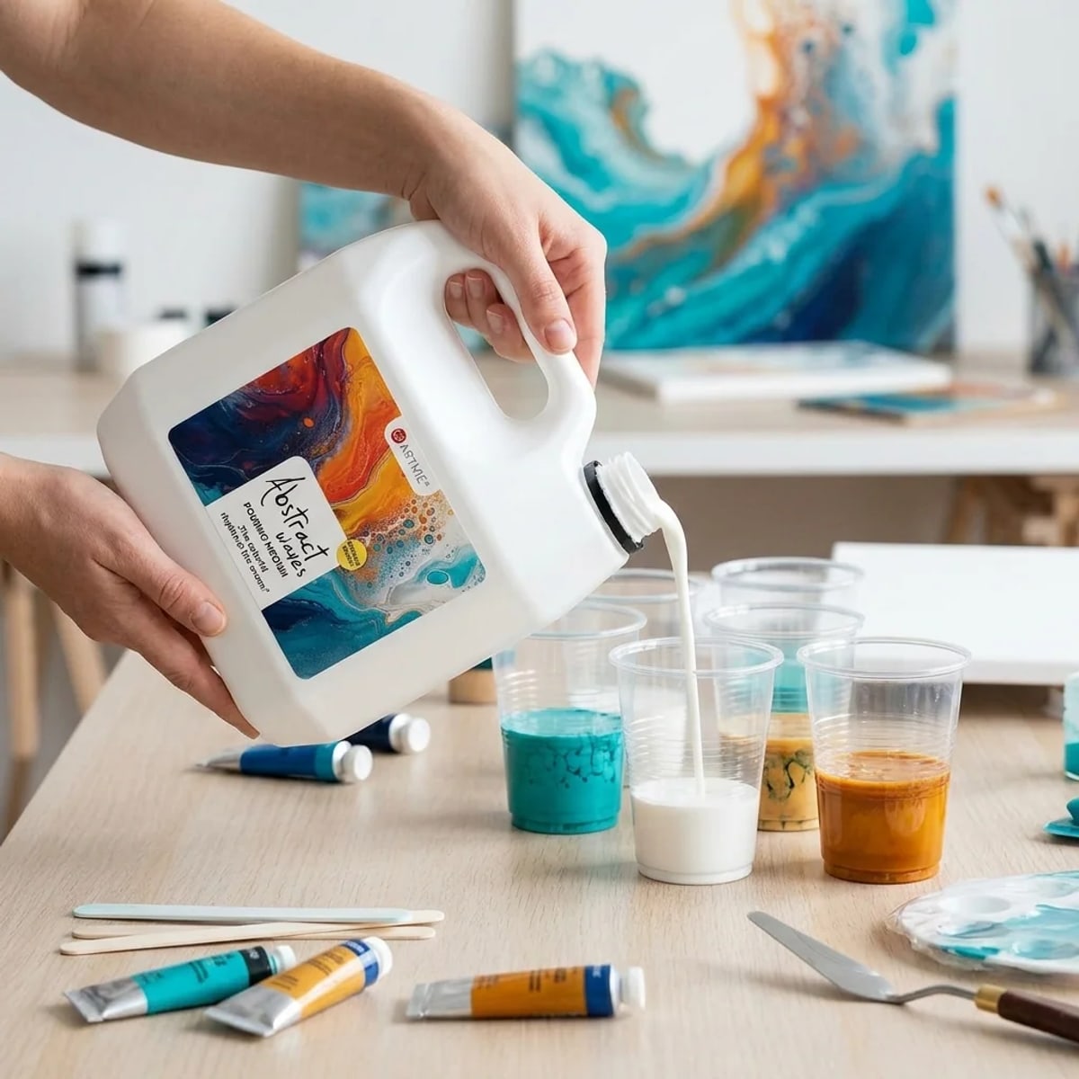 Pouring médium ARTMIE Abstract waves 3 l — příprava barevných směsí v kelímcích