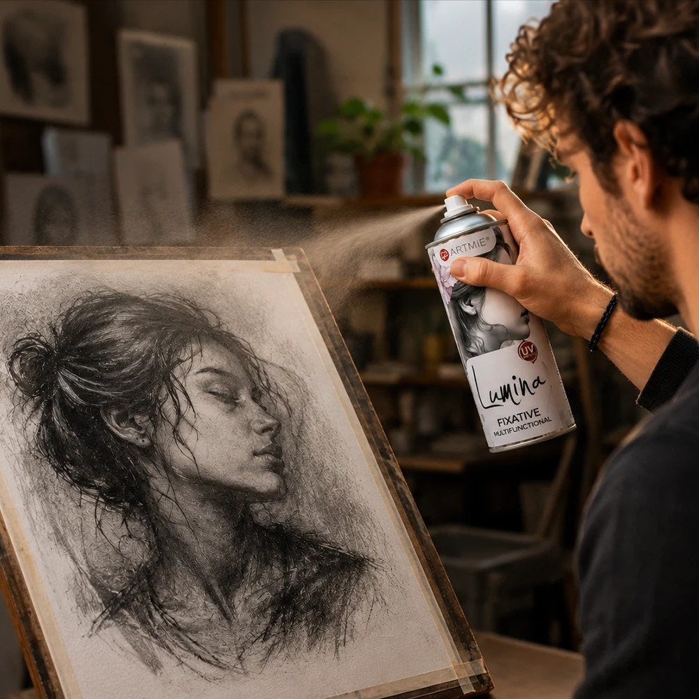Umělec fixuje uhlovou kresbu sprejem ARTMIE Lumina v ateliéru