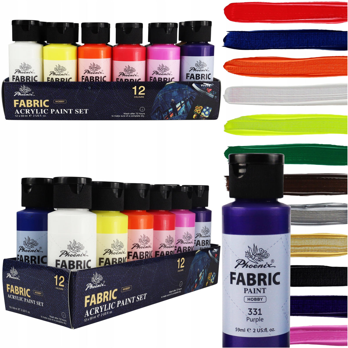 Barvy na textil Phoenix, sada 12–24 x 59 ml