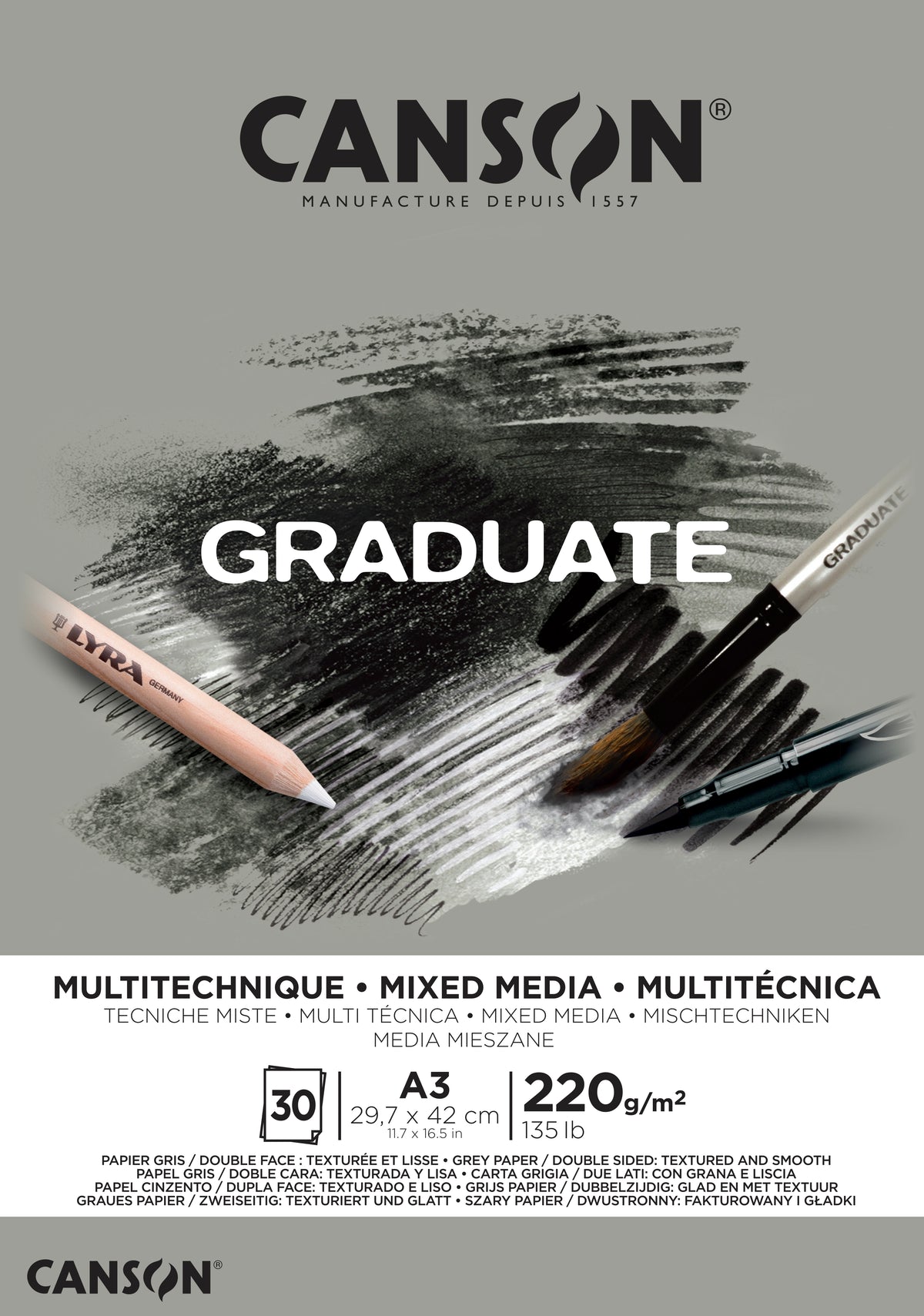 CANSON Graduate Mix Media blok šedý 220 g A3, 30 listů, lepený
