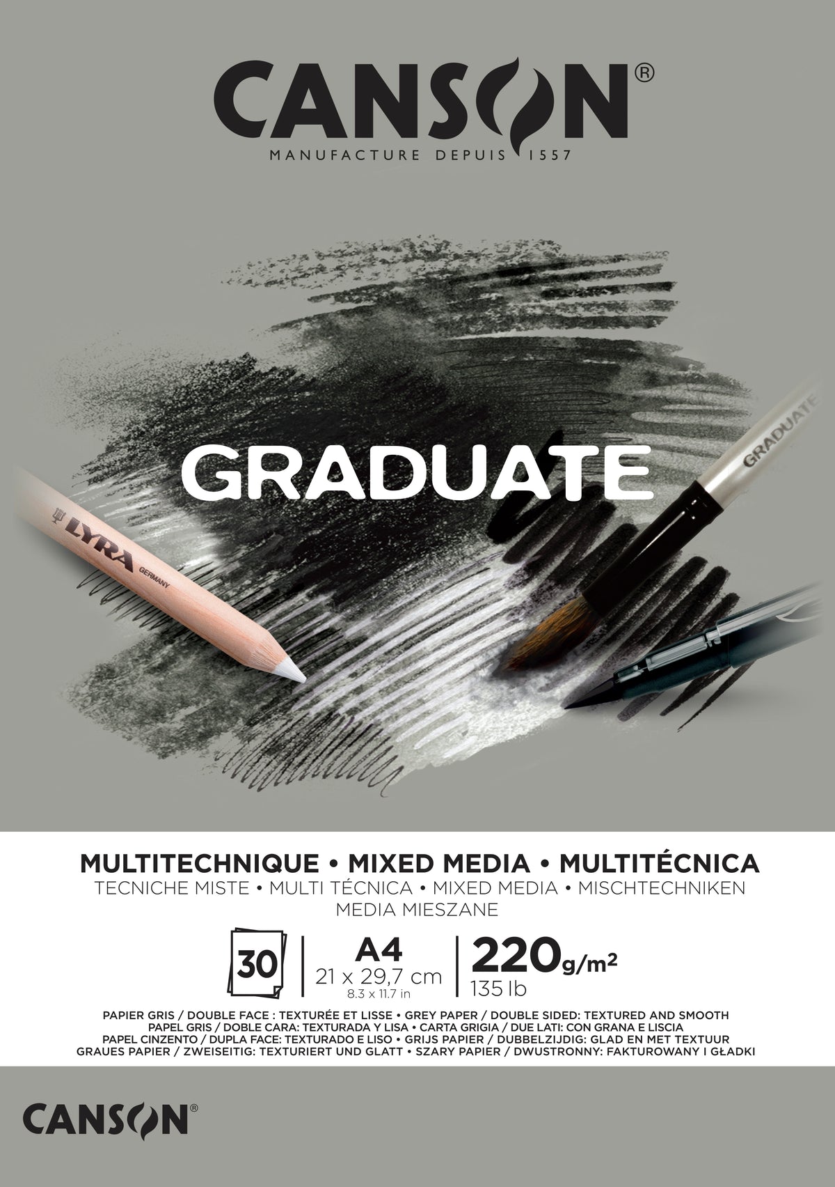 Canson Graduate Mix Media blok Grey 220 g/m² - 30 listů, A4, lepený