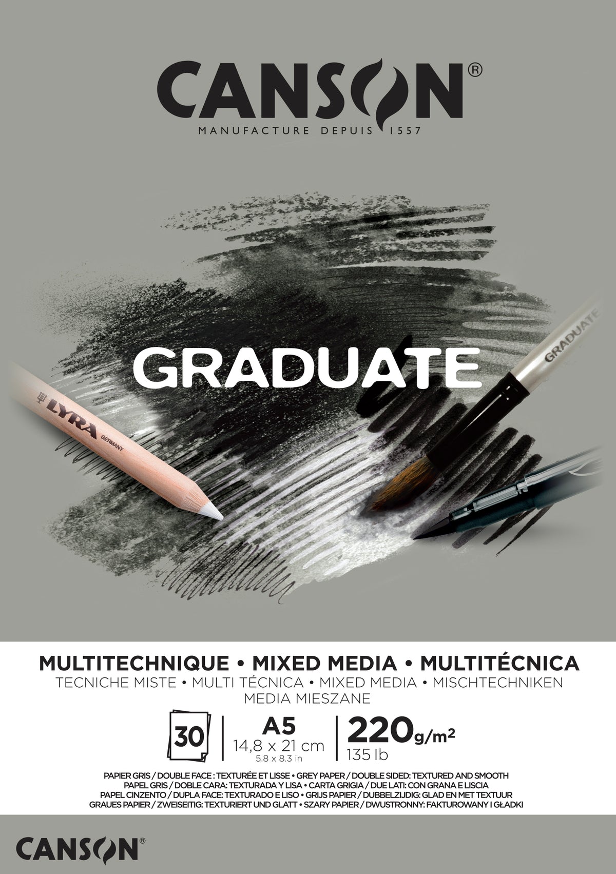 CANSON Graduate Mix Media blok šedý 220 g A5 - 30 listů lepený