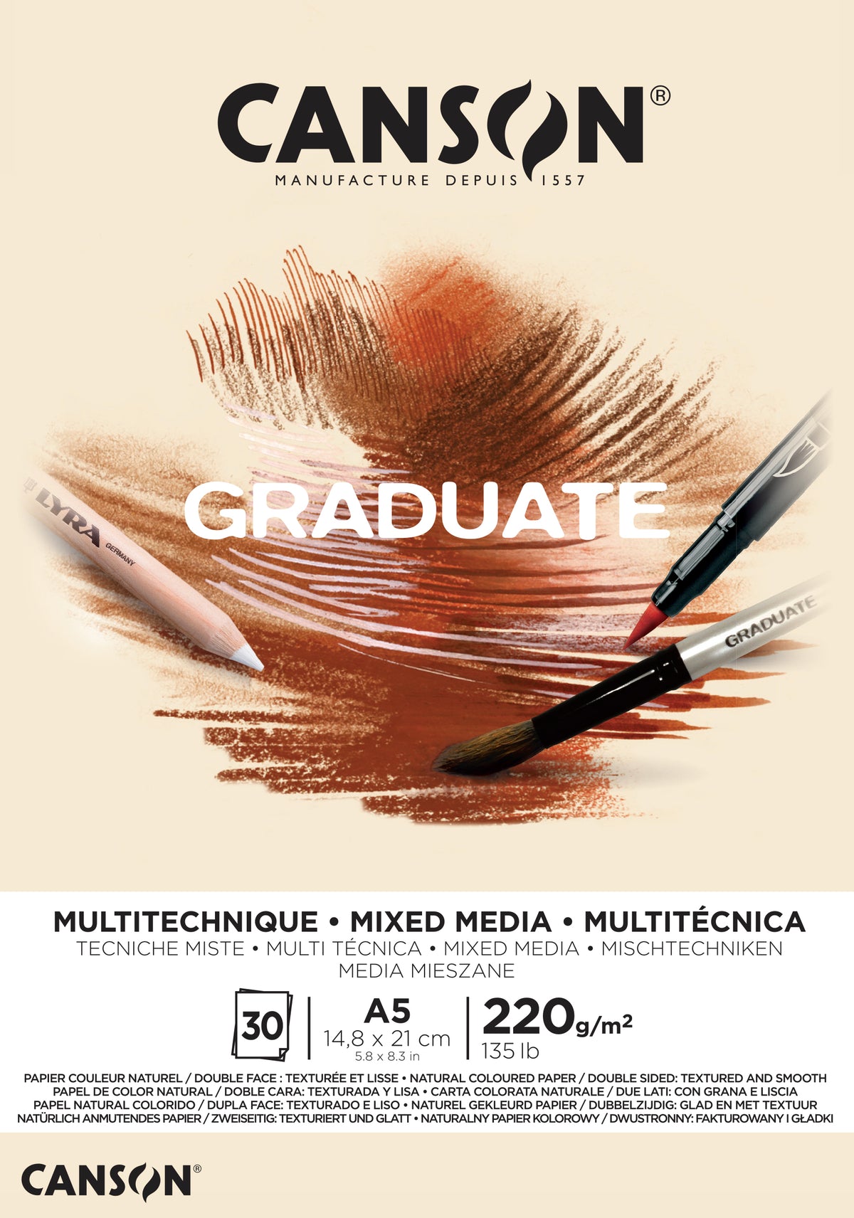 Canson Graduate Mix Media blok Natural 220 g 30 listů A5 lepený