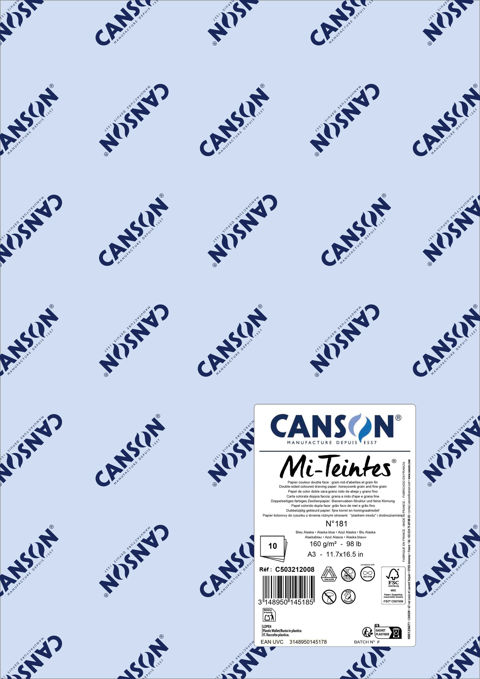 Papír na pastel Canson Mi-Teintes A3 160 g - 10 listů – Aljašská modrá 181