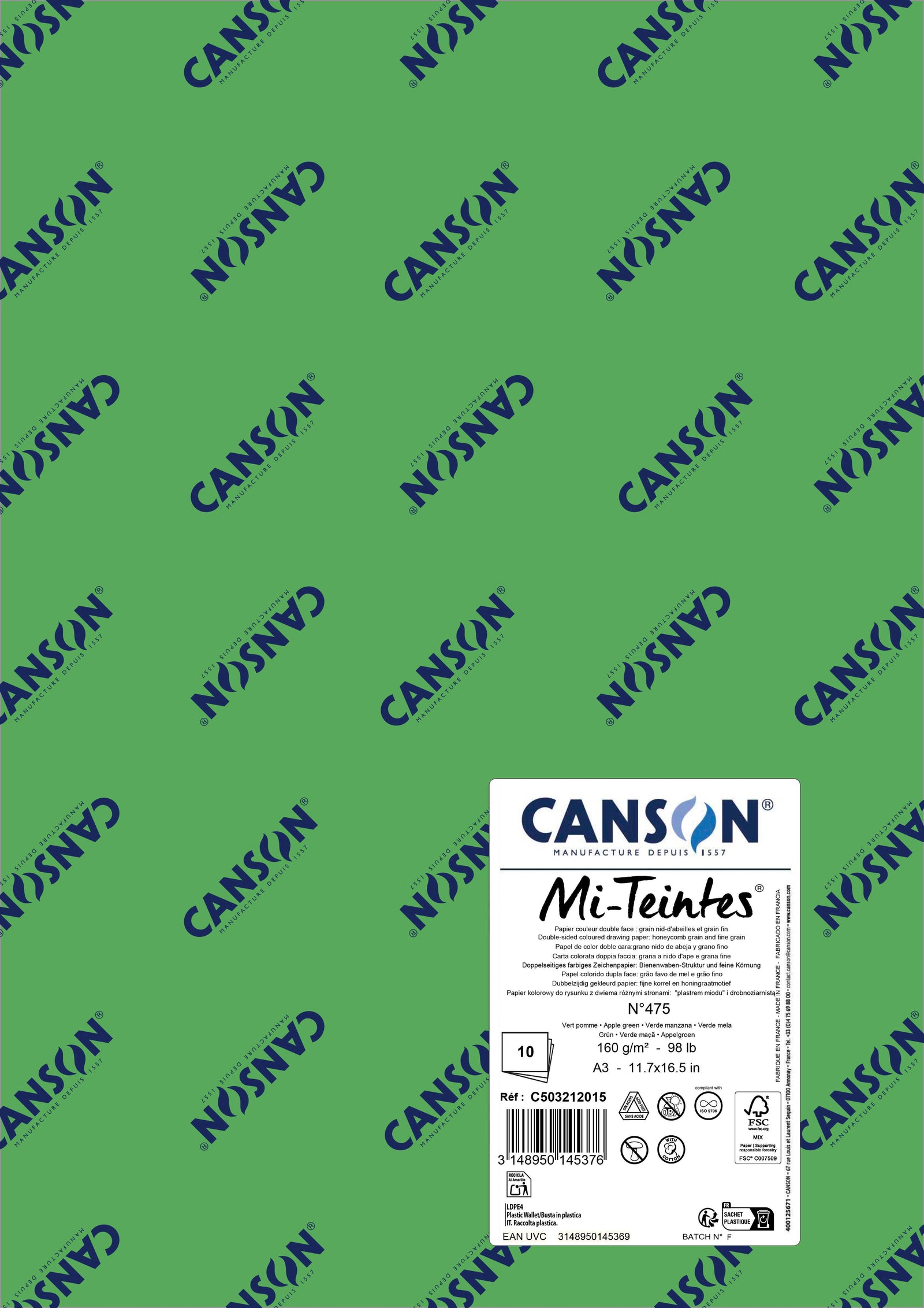 Papír na pastel Canson Mi-Teintes A3 160 g - 10 listů – Jablečně zelená 475