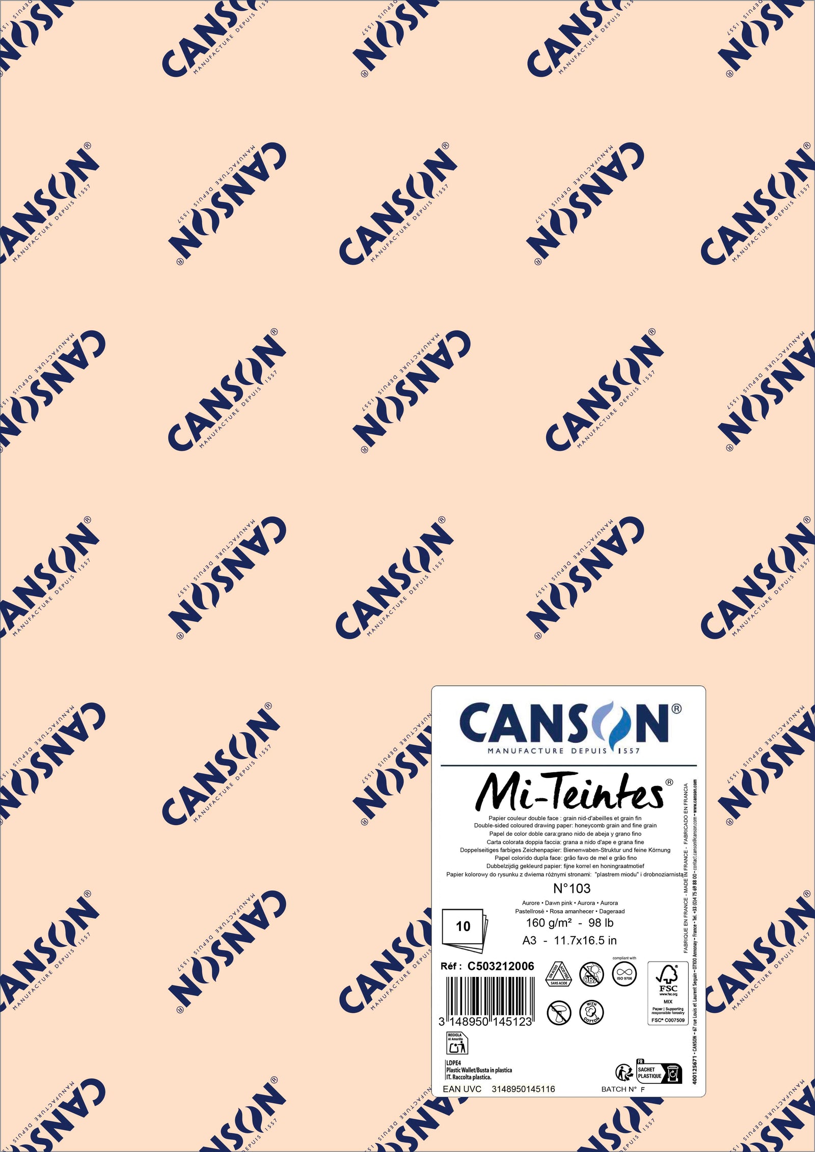 Papír na pastel Canson Mi-Teintes A3 160 g - 10 listů – Úsvitová růžová 103