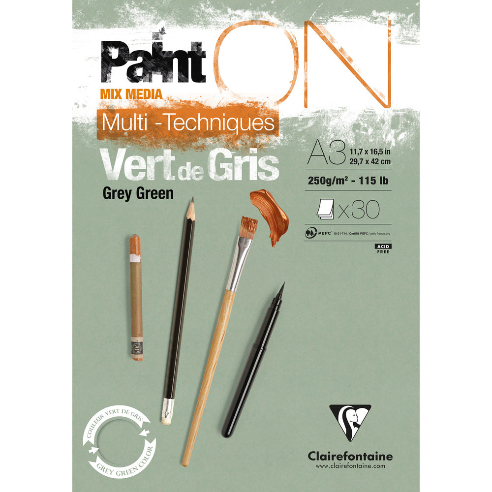 Clairefontaine Paint'On Mix Media blok 250 g lepený – 30L A3 šedozelená