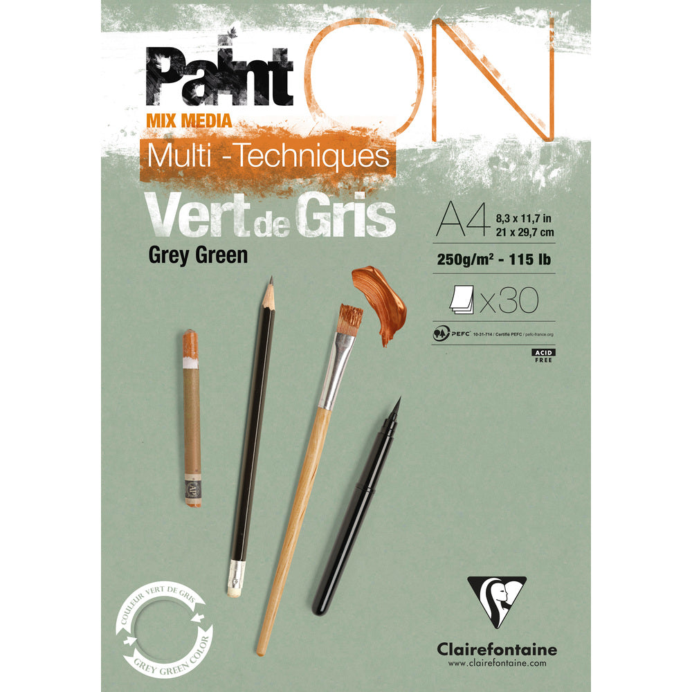 Clairefontaine Paint'On Mix Media blok 250 g lepený – 30L A4 šedozelená