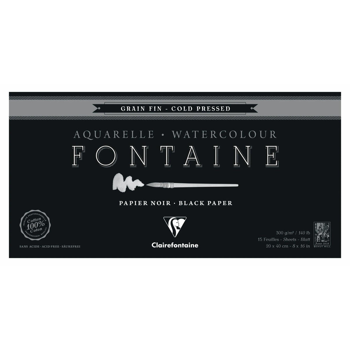 Černý akvarelový blok CLAIREFONTAINE Fontaine 300 g/m² – 20 × 40 cm