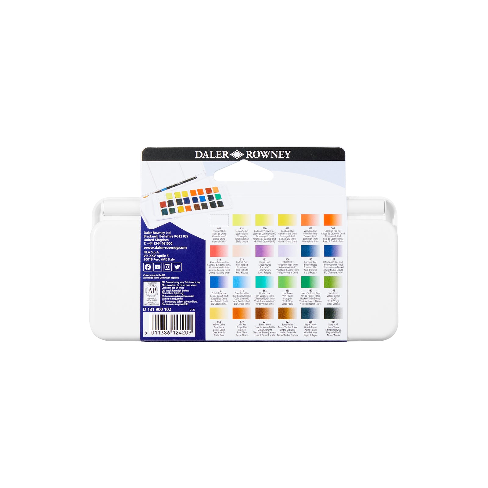 DALER ROWNEY Aquafine akvarelová cestovní sada 24 půlpánviček se štětcem
