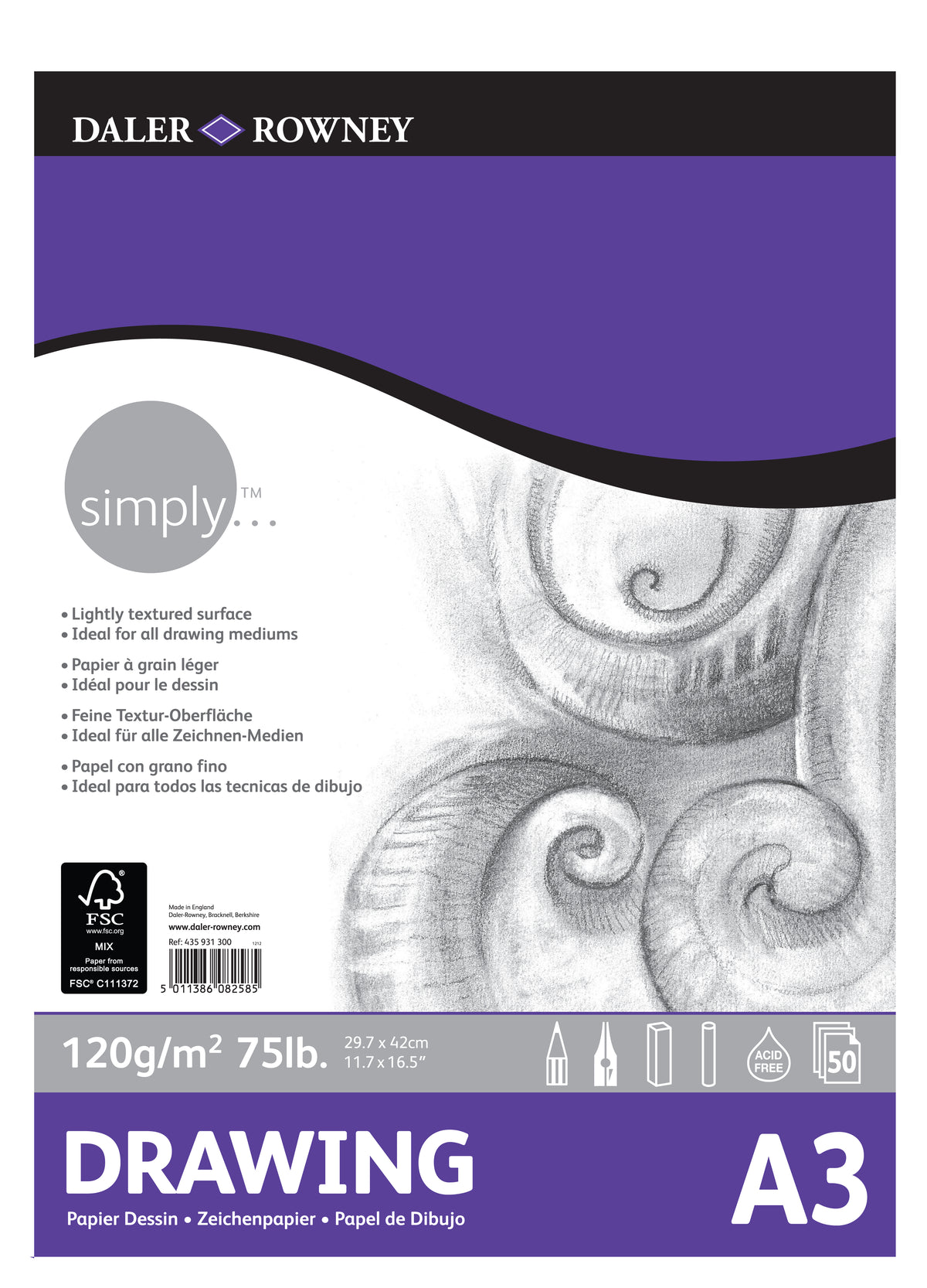 Skicák DALER ROWNEY Simply A3, 120 g, 50 listů lepený