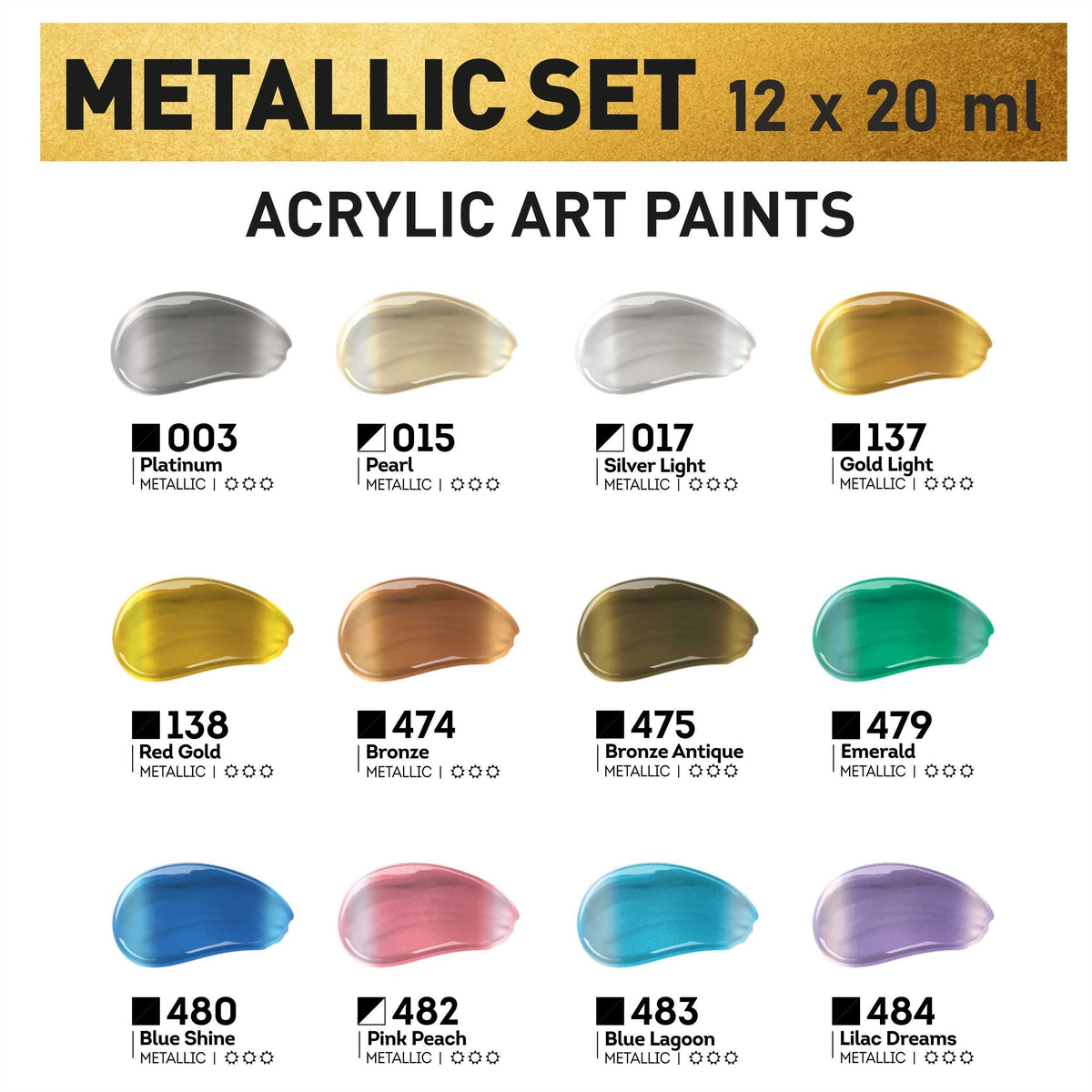 Sada metalických akrylových barev ACRYL PRO Kompozit 12x20 ml