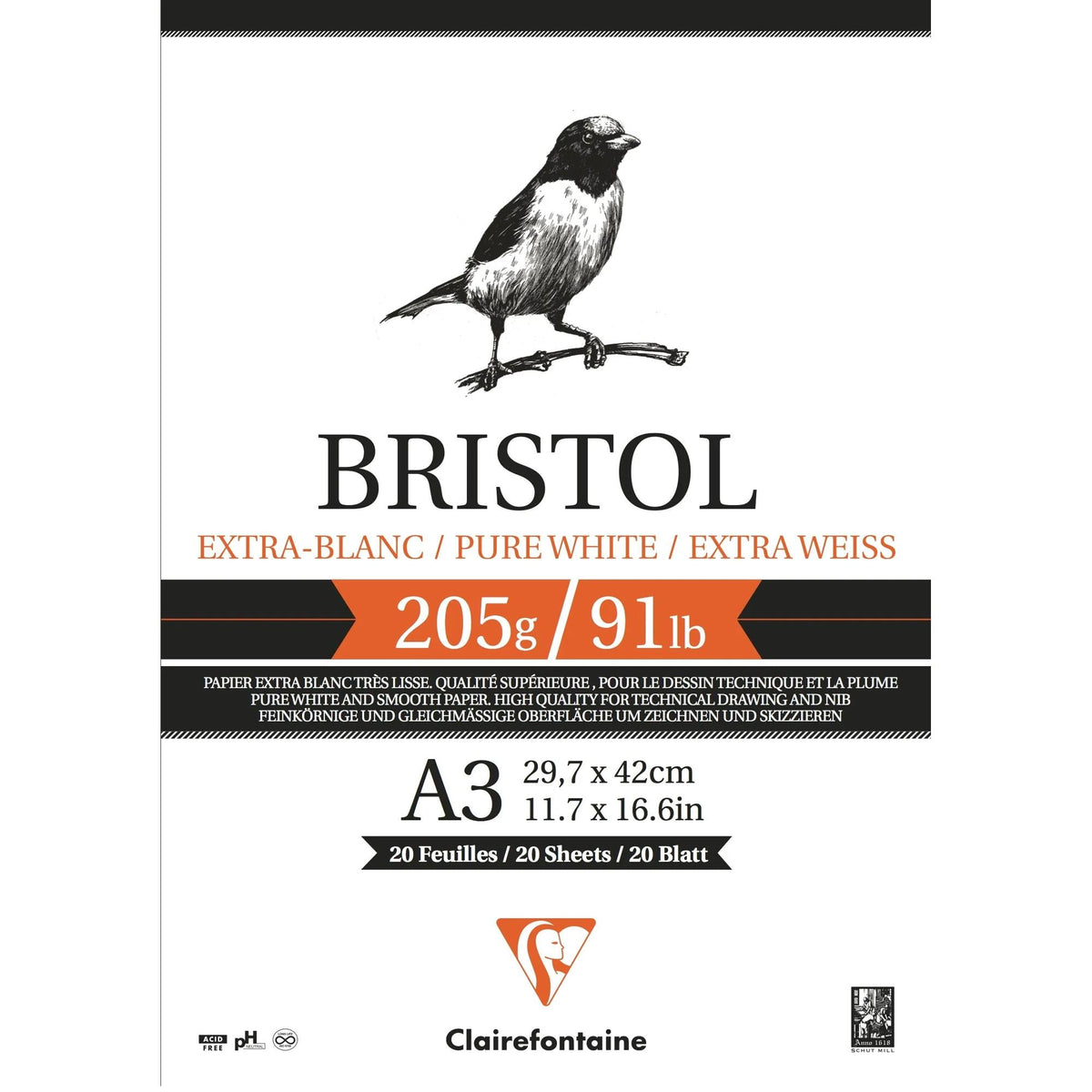 Kreslicí blok CLAIREFONTAINE Bristol 205 g/m² – 20 listů, A4 – A3