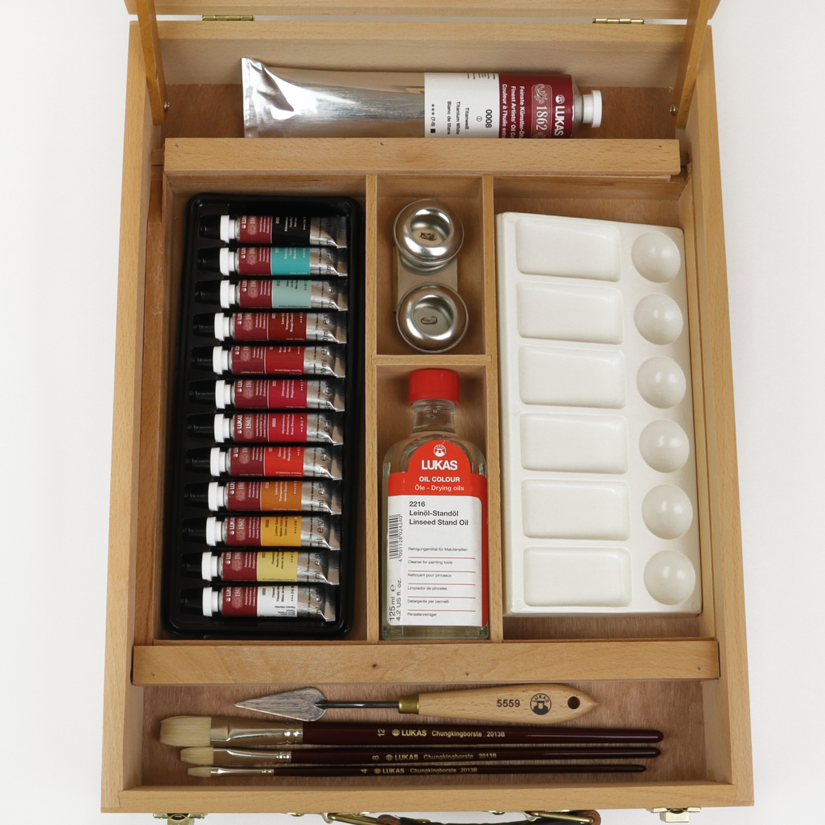 LUKAS 1862 sada olejových barev v dřevěném kufříku 12 x 10 ml s příslušenstvím