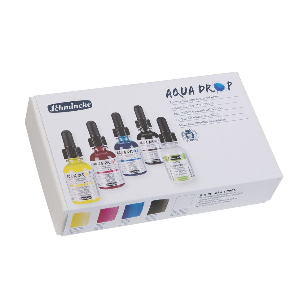 Schmincke AQUA DROP sada v kartonovém obalu, 5 x 30 ml (primární barvy) + krycí bílá