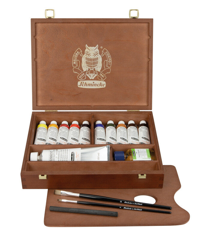 Schmincke MUSSINI dřevěná kazeta, 10 x 35 ml + bílá 150 ml