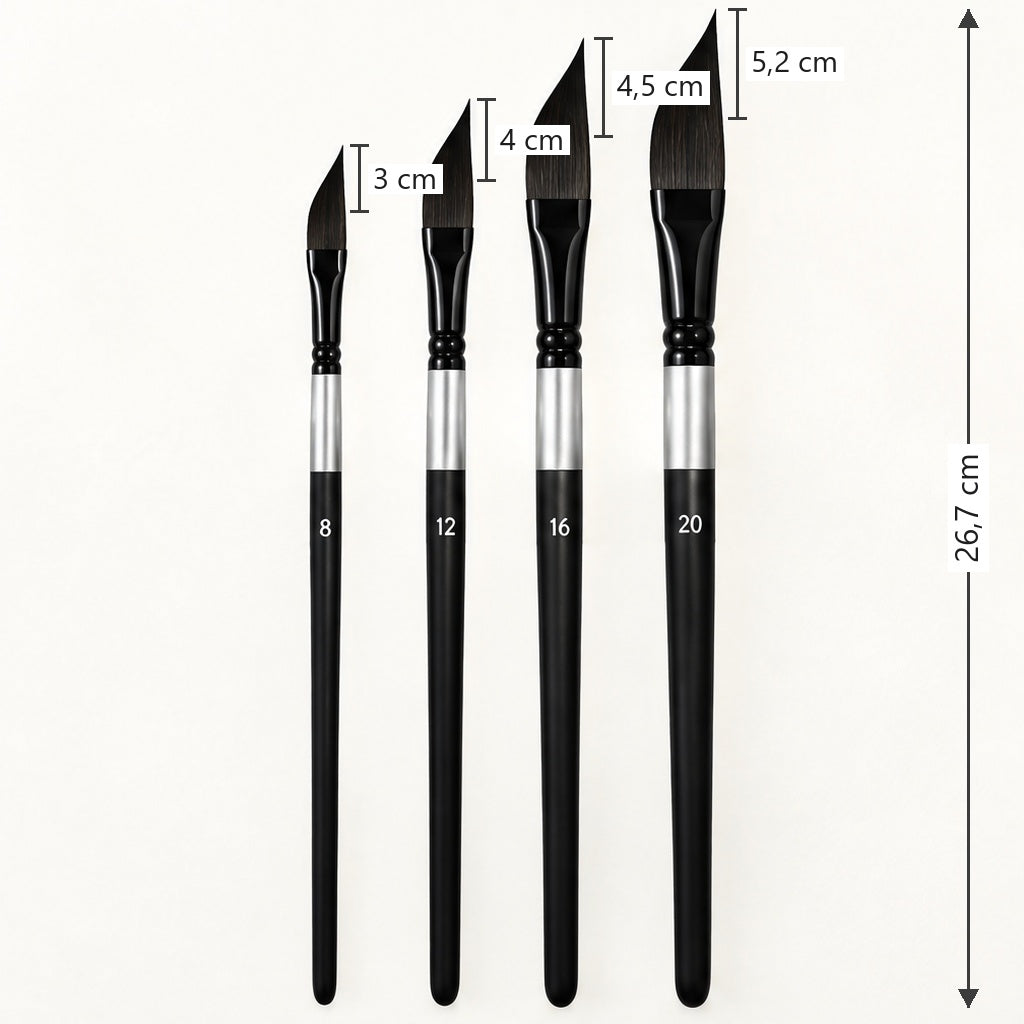 Šikmý akvarelový štětec sword liner s dlouhou násadkou , velikosti 8 – 20