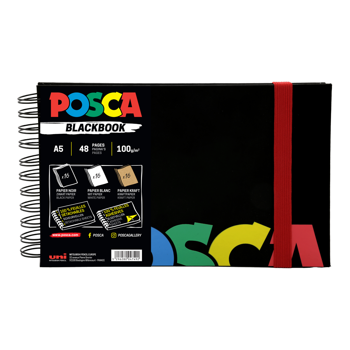 Skicák Posca, černý, A5, mix 3 barev papíru