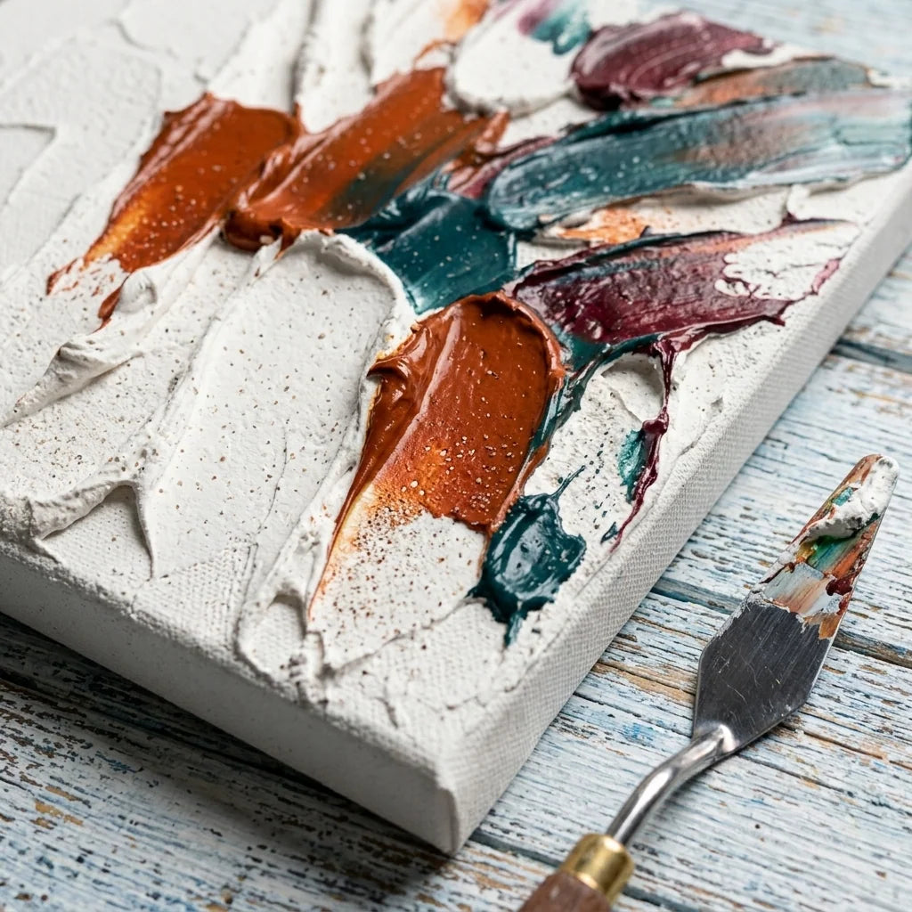 Impasto textury z 3D pasty — barevné akcenty na hrubém reliéfu