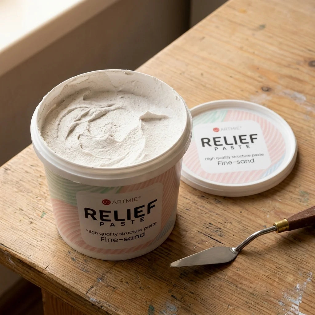 Otevřené balení ARTMIE Relief Paste — viditelná písková struktura pasty uvnitř