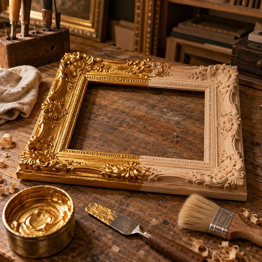 Vyřezávaný dřevěný rám obrazu napůl pozlacený tekutou pastou ARTMIE MIDAS