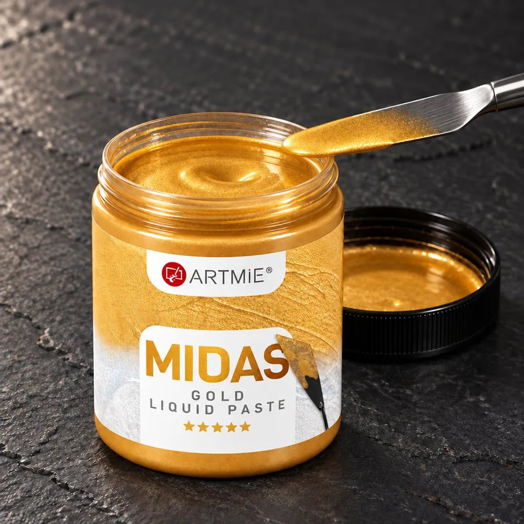 Otevřená dóza ARTMIE MIDAS — zlatá tekutá metalická pasta s viditelným leskem uvnitř