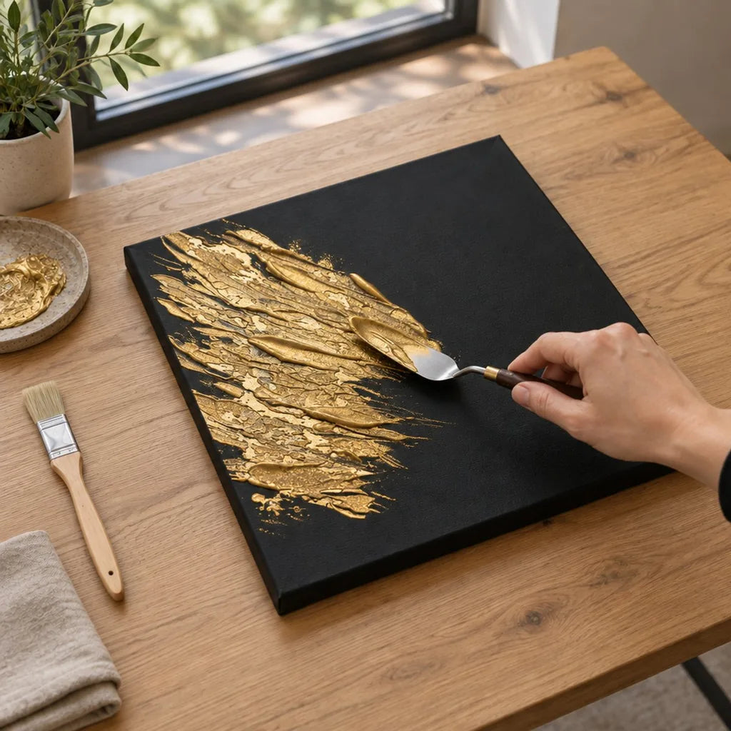 Nanášení tekuté zlaté pasty ARTMIE MIDAS špachtlí na černé plátno