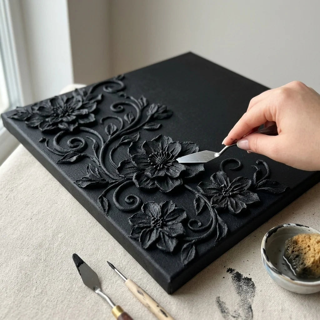 Modelování textury v černé 3D reliéfní modelovací pastě Midnight — nástroje a písková struktura