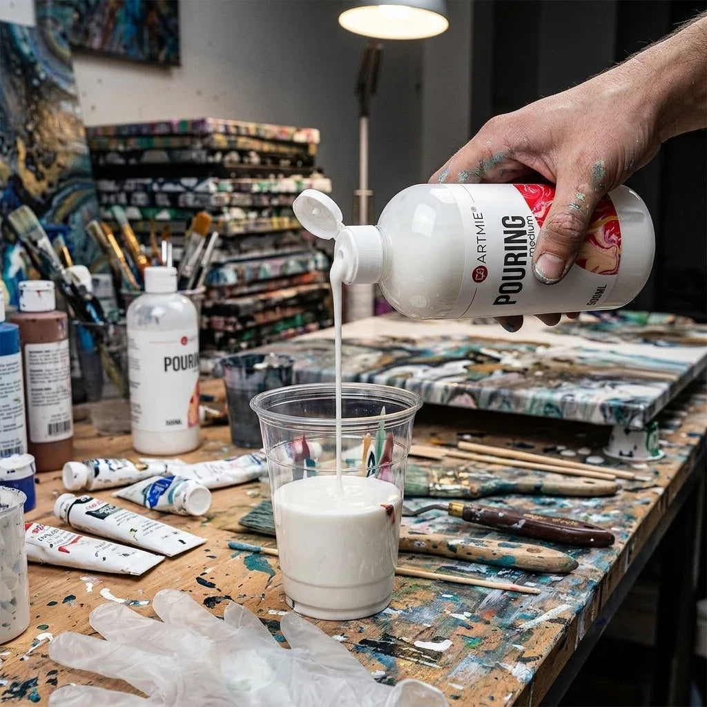 Vylévání bílého pouring média ARTMIE z lahve 500 ml do kelímku