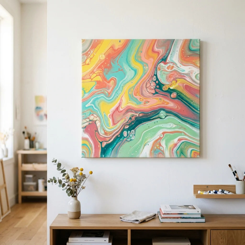 Abstraktní obraz fluid art na stěně