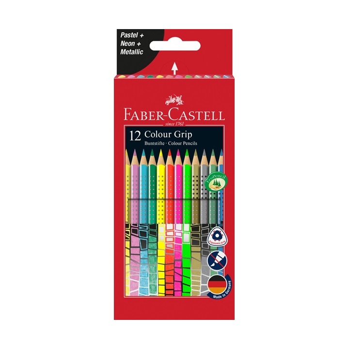 Barevné tužky Grip Pastel / Neon / Metallic Set 12 barevné barevné tužky Faber-Castell