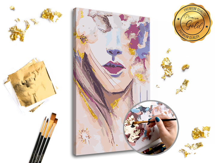 Malování podle čísel PREMIUM GOLD – Žena s květinami 40x60 cm Sada na malování podle čísel ARTMIE se zlatými plátky