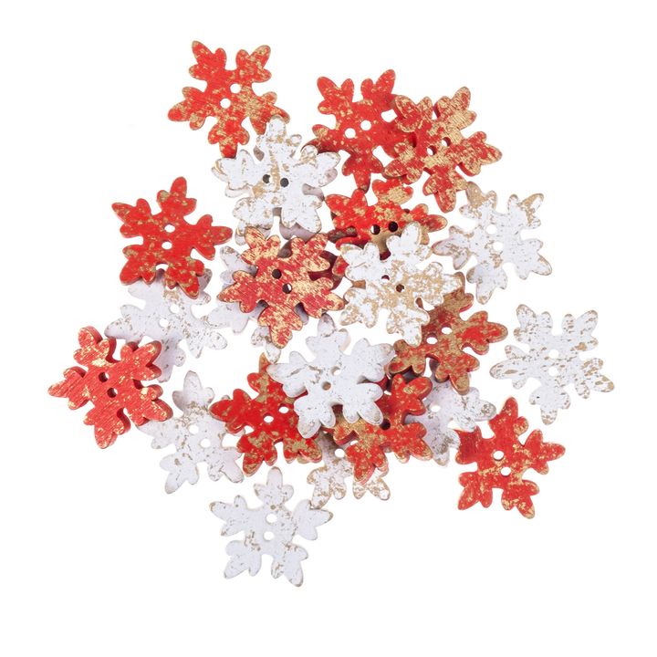 Dřevěné knoflíky 2.5 cm Sněhové vločky 24 ks | červená a bílá dřevěné vánoční dekorace